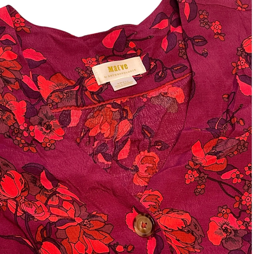 Maeve Floral Button Front V Neck Ruched Sleeves Top Blouse Small Fall Boho Wine